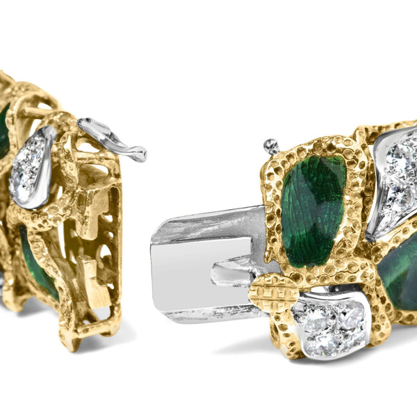 18K Yellow Gold 3 1/4 Cttw Diamond and Green Enamel Gold Textured Bracelet (G-H Color, VS1-VS2 Clarity) - 7