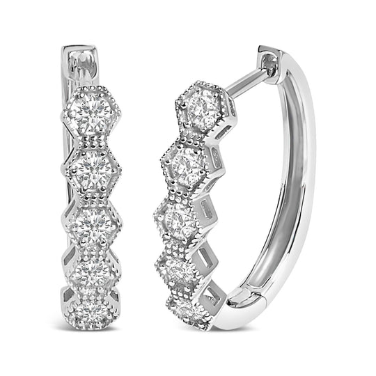 14K gold hoop earrings with zig-zag set round diamond stones