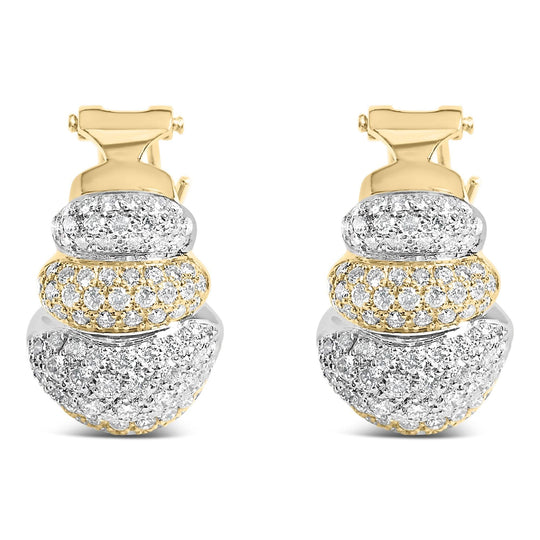 18K two-tone gold earrings with three tiers of pave diamond stones