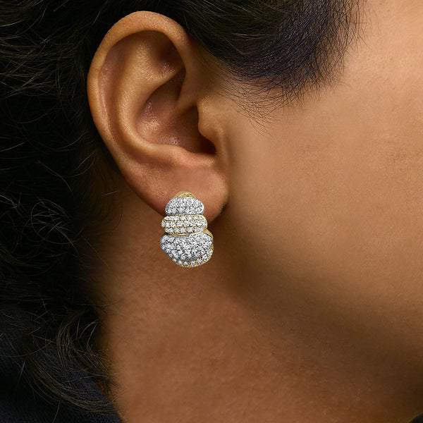 18K Two-Toned Gold 5.00 Cttw Diamond Three-tier Domed Button Omega Back Earrings (G-H Color, VS2-SI1 Clarity)