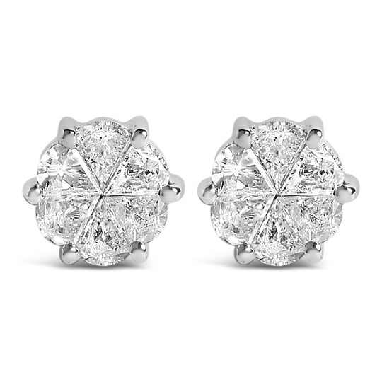 14K white gold stud earring with pie cut diamond in solitaire setting