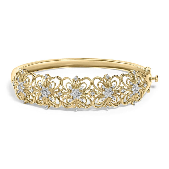 14K gold floral bangle bracelet with round diamond stones