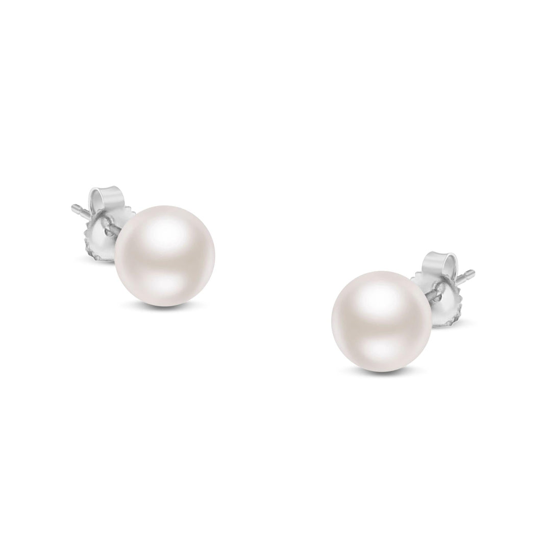 14K Gold Round White Saltwater Akoya Cultured Pearl Stud Earrings AAA+ Quality - Choice of MM Size-0