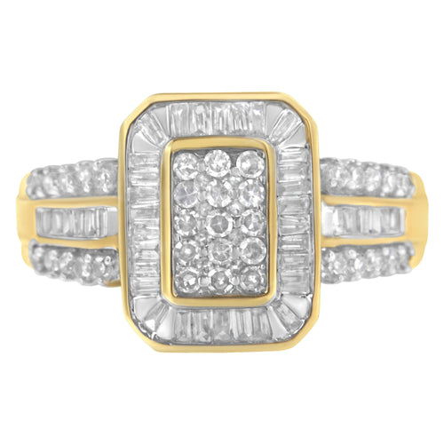 10K Yellow Gold Round and Baguette-Cut Diamond Cluster Ring (1.0 Cttw, I-J Color, SI1-SI2 Clarity)-0