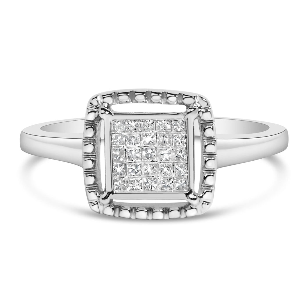 .925 Sterling Silver 1/5 Cttw Invisible Set Princess Cut Diamond Promise Ring with Beaded Halo (H-I Color, I1-I2 Clarity)-0