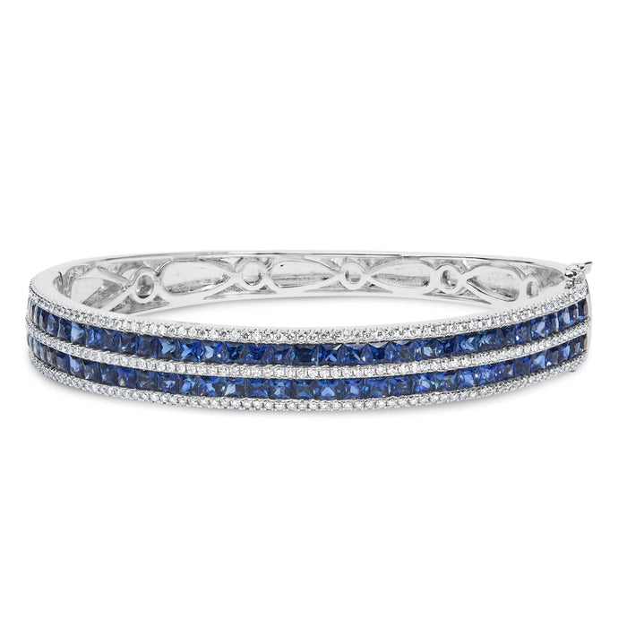 18K White Gold Alternating Diamond and 8.00 Cttw Princess Cut Blue Sapphire Multi Row Bangle Bracelet (G-H Color, VS1-VS2 Clarity) - 7
