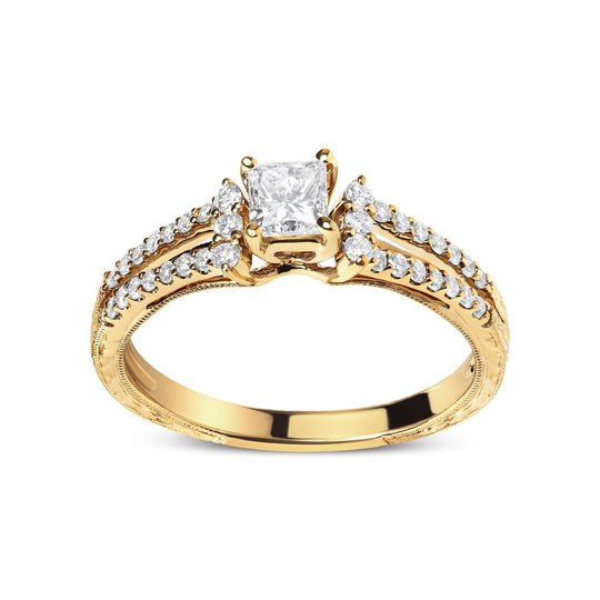 14K Yellow Gold Diamond 5/8 Cttw Princess Diamond Split Shank and Milgrain Engagement Ring (G-H Color, VS2-SI1 Clarity) - Size 7-0