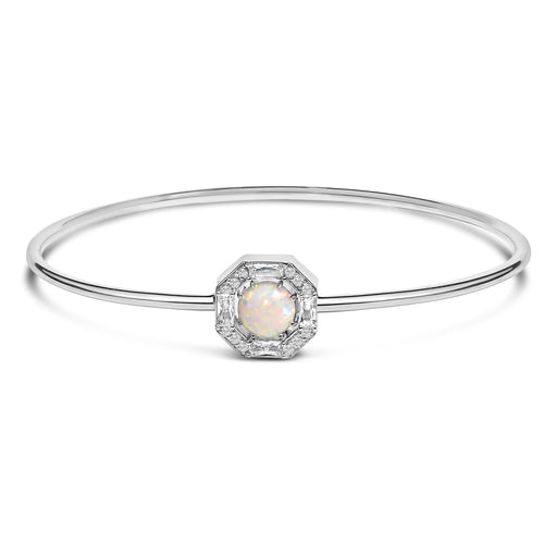 .925 Sterling Silver 7X7MM Created Opal and White Sapphire Halo Bangle Bracelet - 7 Inches-0