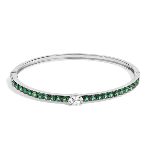 .925 Sterling Silver Created Sapphire and Emerald Semi Eternity Bangle Bracelet - 7