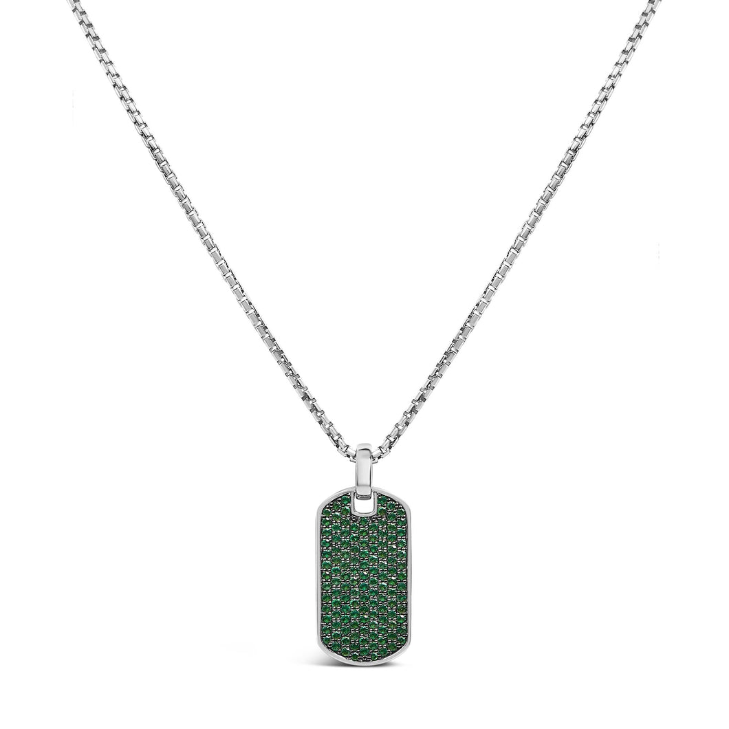 Men's .925 Sterling Silver Created Green Emerald Dog Tag Pendant Necklace - 22
