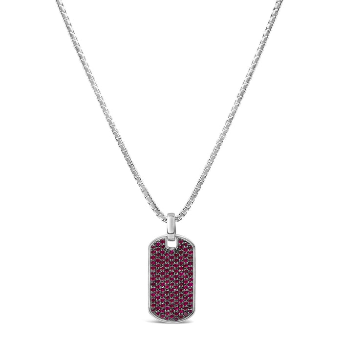 Men's .925 Sterling Silver Created Red Ruby Dog Tag Pendant Necklace - 22