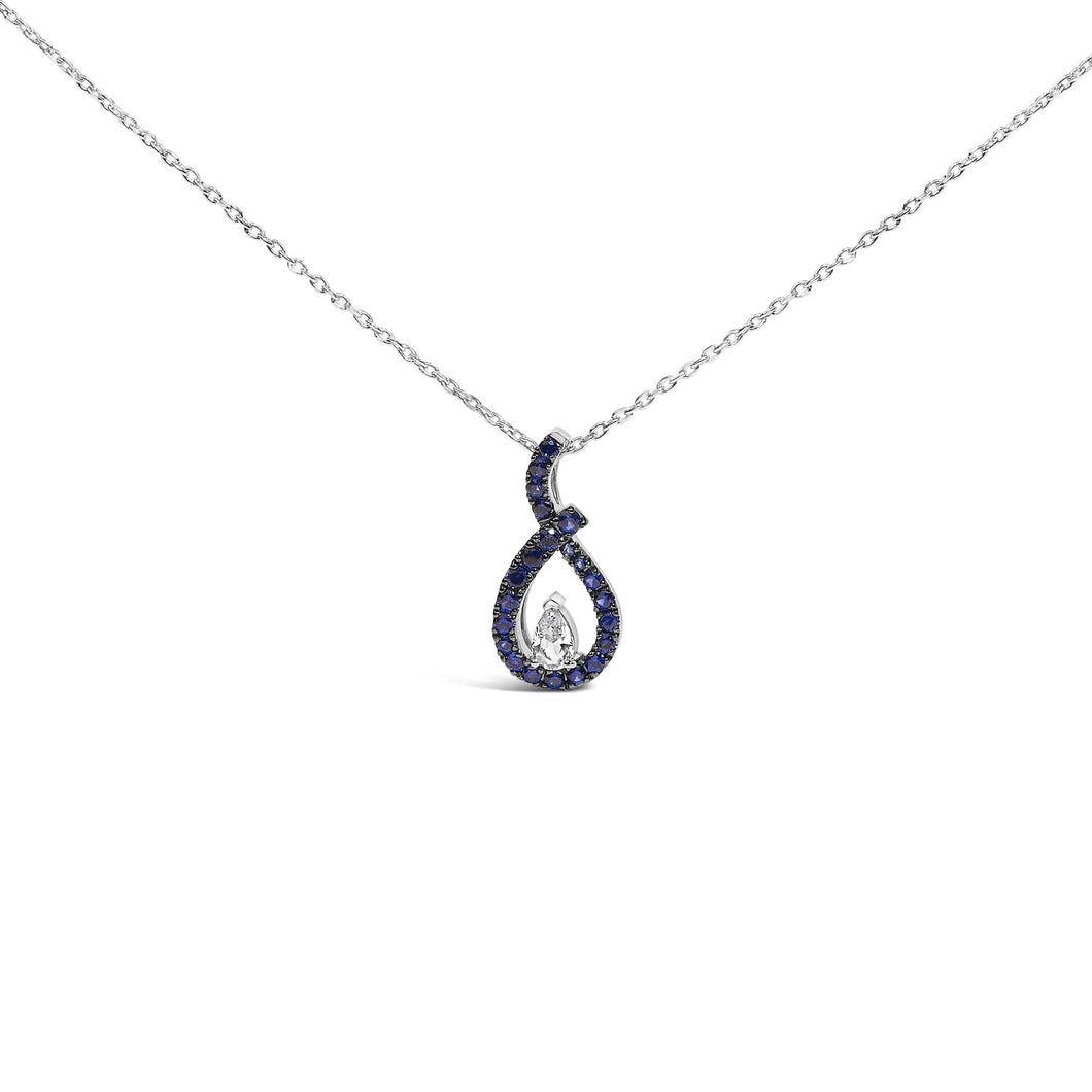 .925 Sterling Silver Created Blue and White Sapphire Teardrop Shaped Pendant Necklace - 18