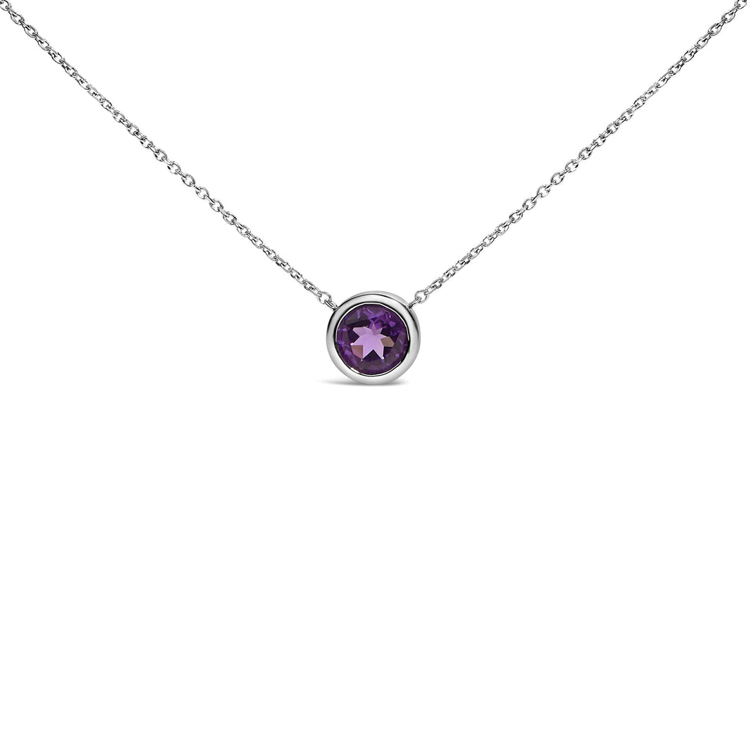 .925 Sterling Silver 7MM Bezel Set Created Purple Amethyst Pendant Necklace - 18