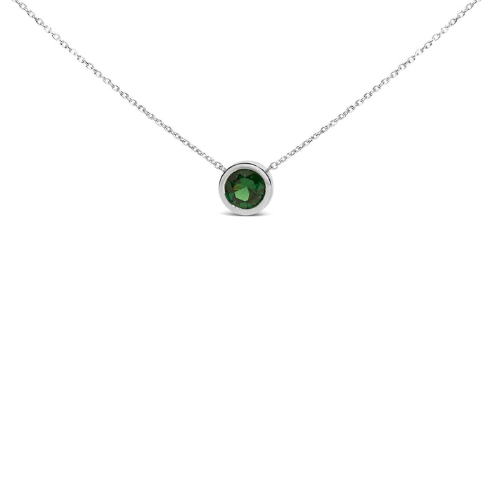 .925 Sterling Silver 7MM Bezel Set Created Gemstone Pendant Necklace - 18