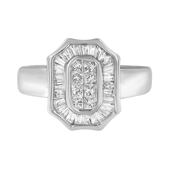 14K White Gold 1.00 Cttw Baguette and Princess-Cut Diamond Cocktail Art Deco Style Ring (H-I Color, SI1-SI2 Clarity)-0