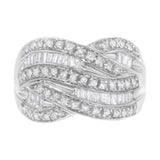 .925 Sterling Silver 1.0 Cttw Channel Set Alternating Round and Baguette Diamond Cross-over Bypass Ring Band (I-J Color, I2-I3 Clarity)-0 thumbnail 1