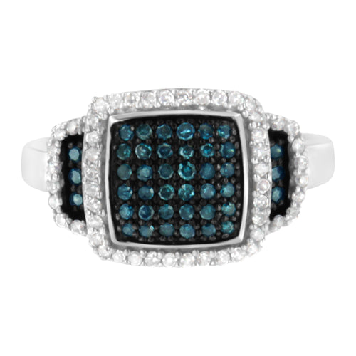 Black Rhodium Plated .925 Sterling Silver 1/2 Cttw White & Blue Diamond Square Halo Cocktail Ring (Fancy Blue & H-I Color, I2-I3 Clarity)-0