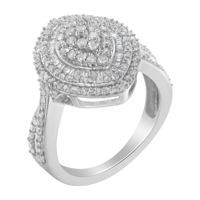 .925 Sterling Silver 1.0 Cttw Round & Baguette-Cut Diamond Marquise-Shaped Cluster Triple Stepped Halo Cocktail Fashion Ring (I-J Color, I2-I3 Clarity)