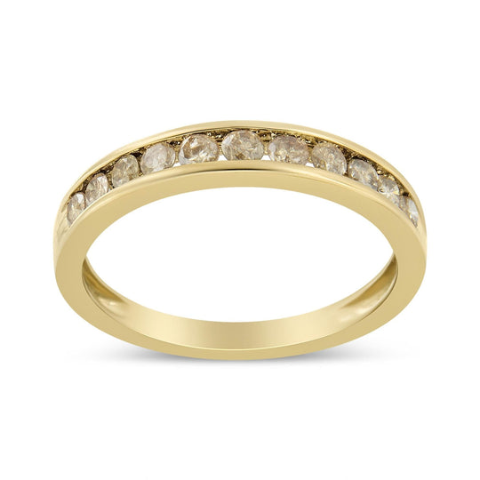 14K Yellow Gold Plated .925 Sterling Silver 1/2 Cttw Channel Set Round Champagne Diamond 11 Stone Band Ring (K-L Color, I1-I2 Clarity)-0