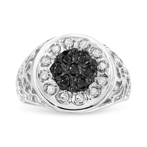 .925 Sterling Silver 1/4 Cttw White and Black Treated Diamond Halo Cluster Ring for Men (I-J Color, I3 Clarity)-0