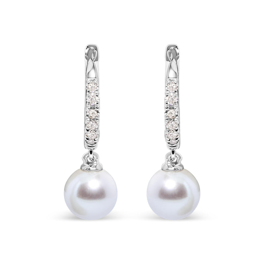 10K White Gold 6x6 MM Cultured Freshwater Pearl and Diamond Accent Drop Huggy Earring (H-I Color, I1-I2 Clarity)-0