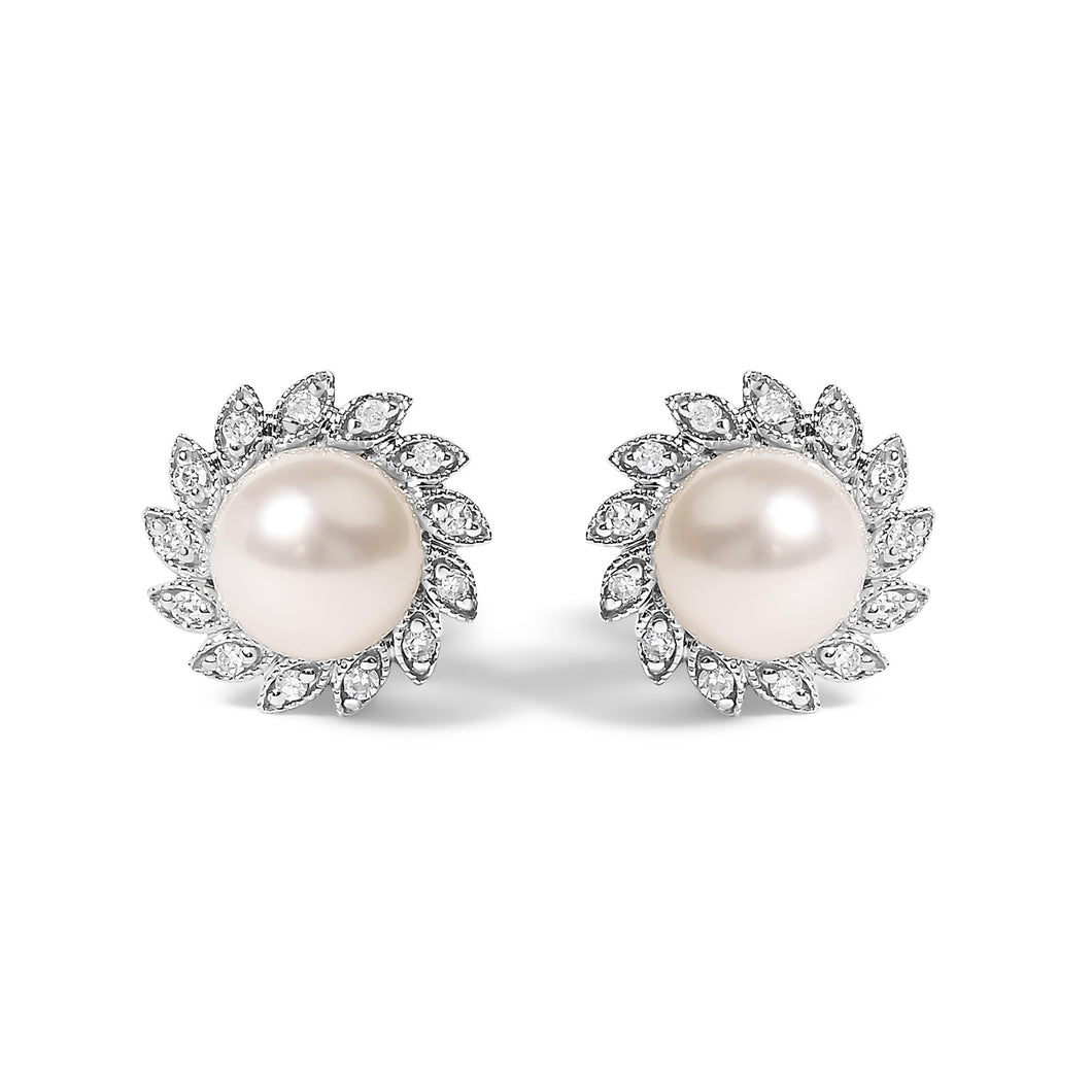 10K White Gold Heirloom-Style Pearl and Diamond Accent Halo Stud Earrings (I-J color, I1-I2 Clarity)-0