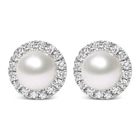 10K White Gold 4.5mm Cultured Freshwater Pearl and 1/7 Cttw Diamond Halo Stud Earring (I-J Color, I1-I2 Clarity)