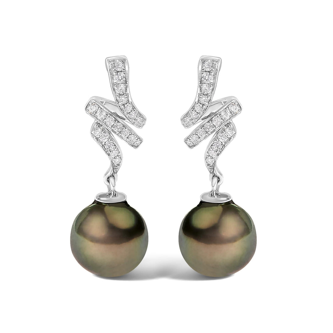 14K White Gold 9MM Cultured Black Pearl and Diamond Accent Drop and Dangle Earrings (I-J Color, SI1-SI2 Clarity)-0
