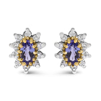 14K Yellow Gold 1/4 Cttw Diamond and Blue Purple Tanzanite Sunburst Halo Stud Earrings (K-L Color, I1-I2 Clarity)