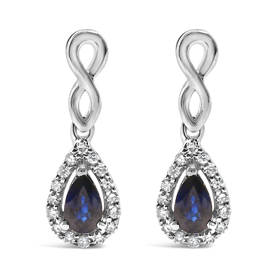 10K White Gold Pear Cut Blue Sapphire and 1/7 Cttw Diamond Infinity Drop and Dangle Earrings (I-J Color, I1-I2 Clarity)-0