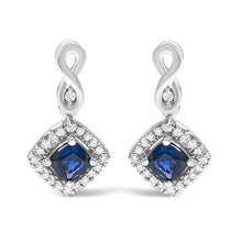 10K White Gold Blue  Sapphire and Diamond Halo Cushion Shaped Drop Earrings (I-J Color, I1-I2 Clarity)-0