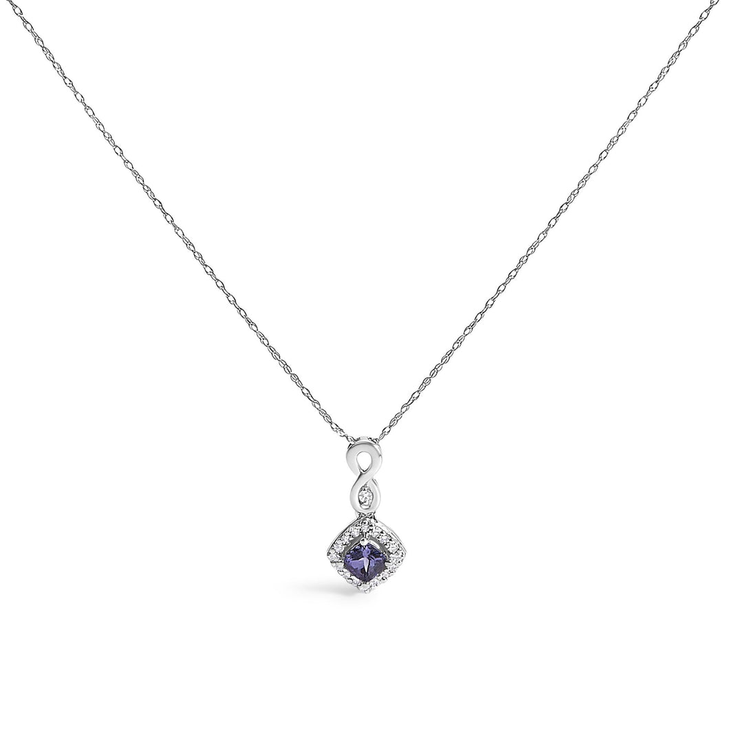 10K White Gold Blue Purple Tanzanite and Diamond Accent Cushion Drop Pendant Necklace - 18
