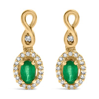 10K Yellow Gold Oval Cut Green Emerald 5x3 mm and 1/7 Cttw Round Diamond Dangle Earrings