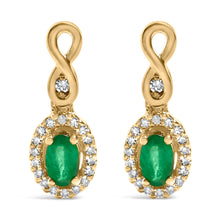 10K Yellow Gold Oval Cut Green Emerald 5x3 mm and 1/7 Cttw Round Diamond Dangle Earrings-0