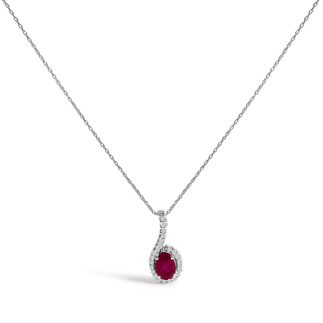 10K White Gold Red Ruby and Diamond Accent Teardrop Pendant Necklace - 18
