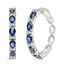 14K White Gold 4x3mm Oval Blue Sapphire and 1/4 Cttw Diamond Alternating Hoop Earring (I-J Color, SI2-I1 Clarity)-0