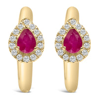 10K Yellow Gold Pear Cut Red Ruby 4x3 mm and 1/10 Cttw Round Diamond Huggy Earrings (I-J Color, I1-I2 Clarity)