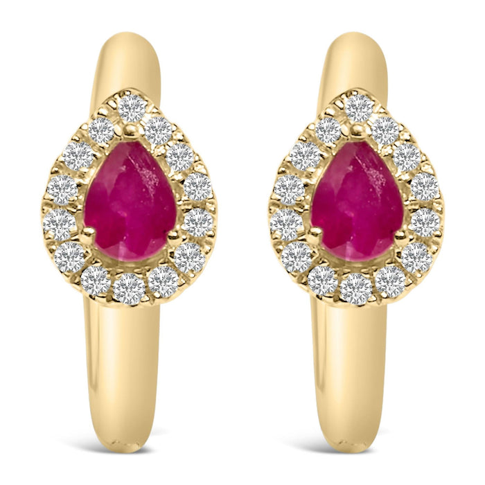 10K Yellow Gold Pear Cut Red Ruby 4x3 mm and 1/10 Cttw Round Diamond Huggy Earrings (I-J Color, I1-I2 Clarity)