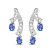 14K White Gold 4x3MM Oval Shaped Natural Blue Tanzanite Gemstone and 1/5 Cttw Diamond Double 3/4