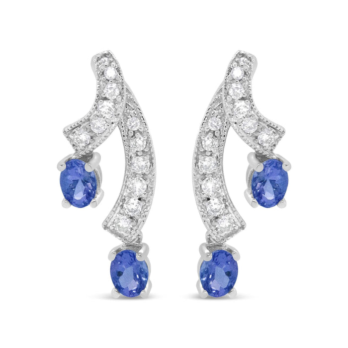 14K White Gold 4x3MM Oval Shaped Natural Blue Tanzanite Gemstone and 1/5 Cttw Diamond Double 3/4