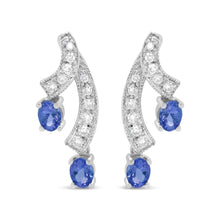 14K White Gold 4x3MM Oval Shaped Natural Blue Tanzanite Gemstone and 1/5 Cttw Diamond Double 3/4" Inch Drop Stud Earrings (H-I Color, VS1-VS2 Clarity)-0