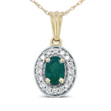 14K Yellow Gold 6x4mm Emerald and 1/5 Cttw Round Diamond Halo Pendant 18