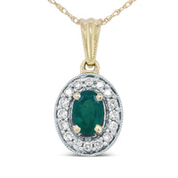 14K Yellow Gold 6x4mm Emerald and 1/5 Cttw Round Diamond Halo Pendant 18