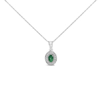 14K White Gold Oval 6x4 MM Green Emerald and Diamond Halo Pendant Necklace - 18 inch