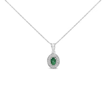 14K White Gold Oval 6x4 MM Green Emerald and Diamond Halo Pendant Necklace - 18 inch-0