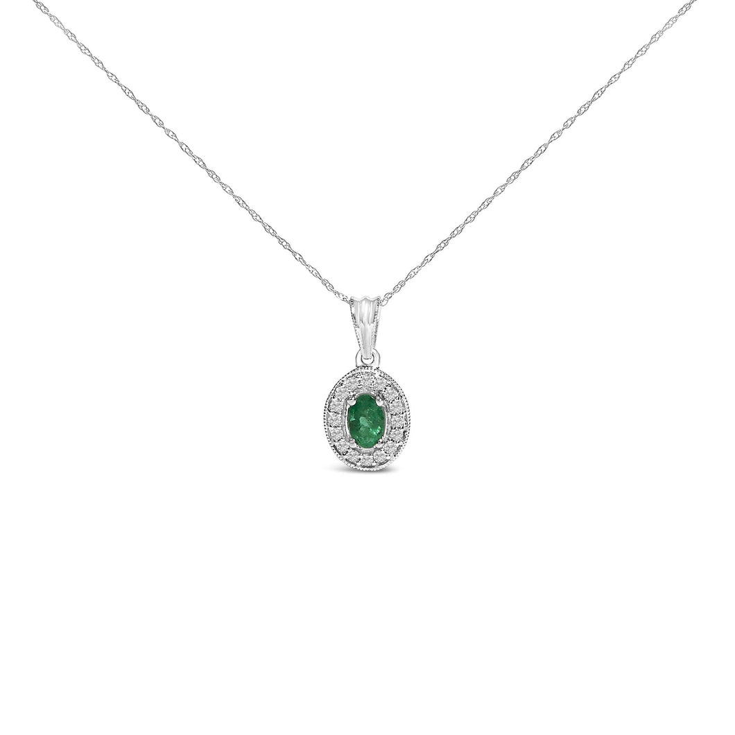 14K White Gold Oval 6x4 MM Green Emerald and Diamond Halo Pendant Necklace - 18 inch-0