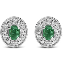 14K White Gold Oval Green Emerald and 1/10 Cttw Diamond Halo Stud Earrings  (I-J Color, I1-I2 Clarity)-0
