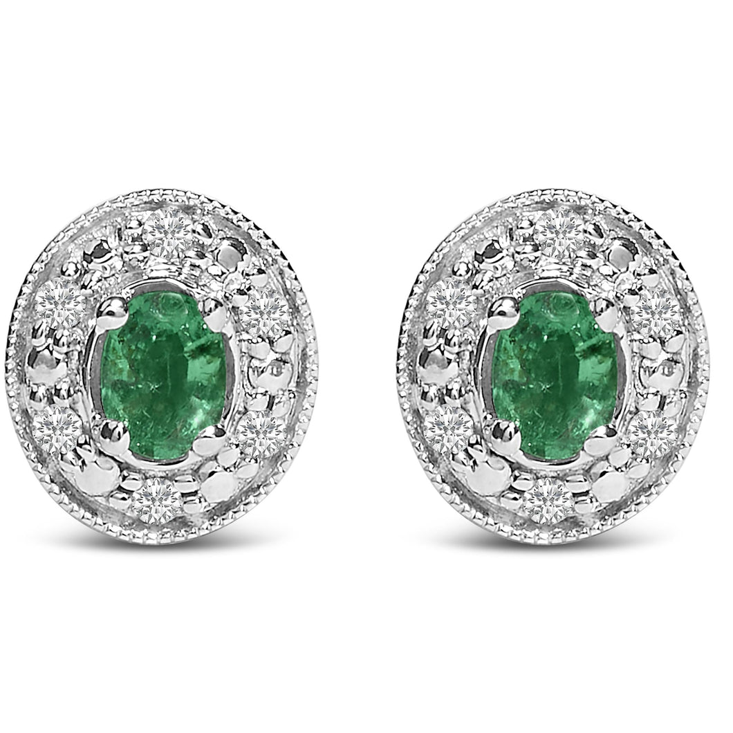 14K White Gold Oval Green Emerald and 1/10 Cttw Diamond Halo Stud Earrings  (I-J Color, I1-I2 Clarity)-0