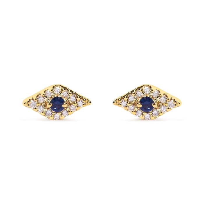10K Yellow Gold Blue Sapphire and Diamond Accent Evil Eye Stud Earring (H-I Color, I1-I2 Clarity)