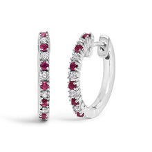 10K Gold Alternating Diamond and Red Ruby Huggy Hoop Earrings-0